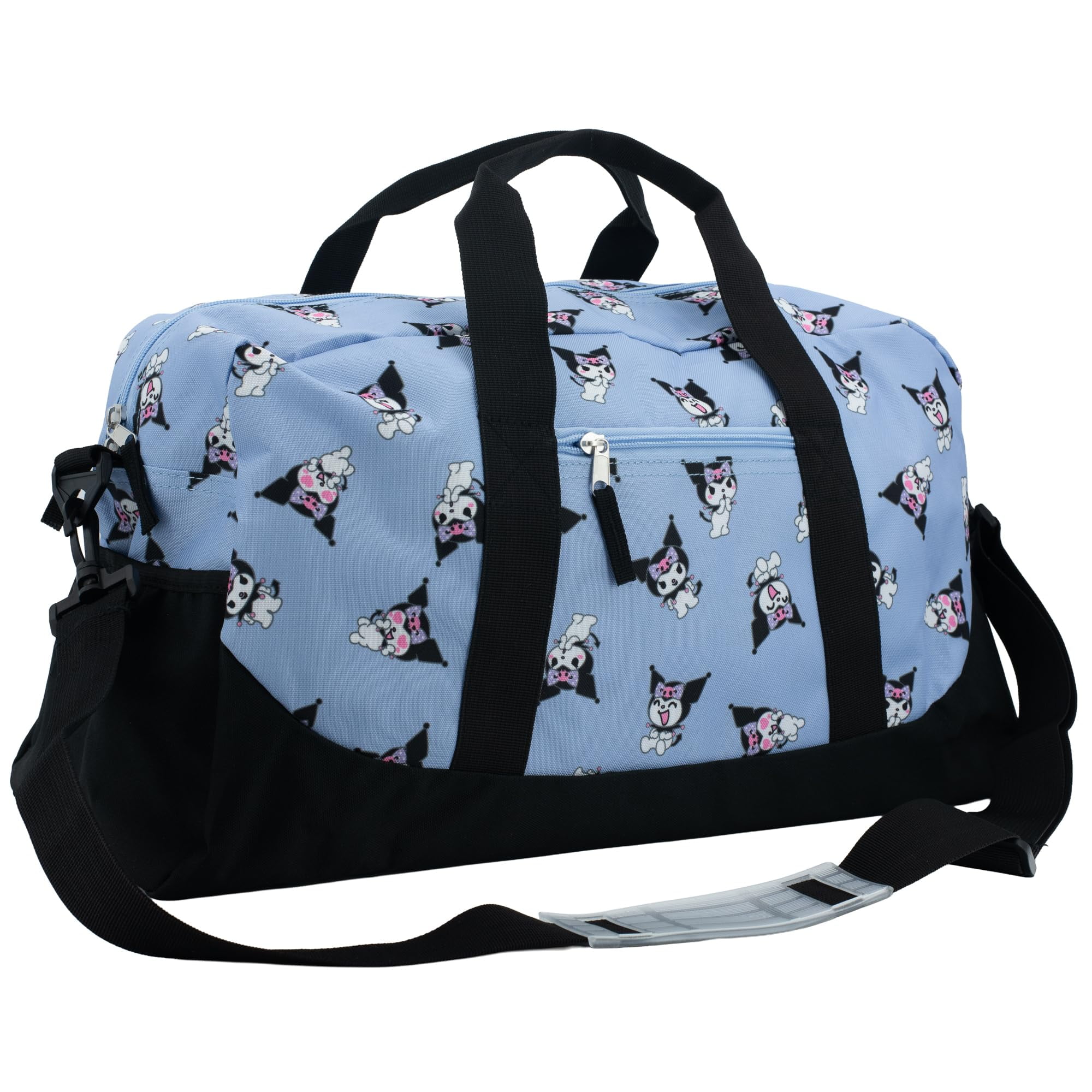 Kuromi Girls Duffle Bag, 16 x 10 x 6.5 inch, Travel Sleepover Dance Bag with Pockets, Purple