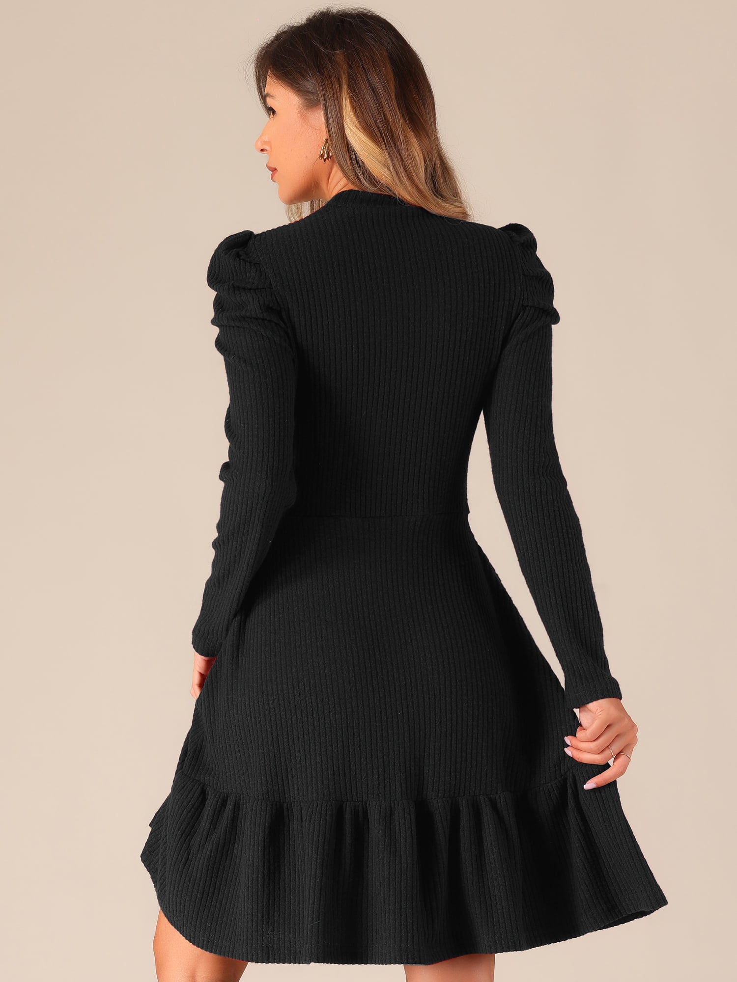 DARING DIVA Stretchy Puff Long Sleeve Ruffle Hem Knit Dress S Black