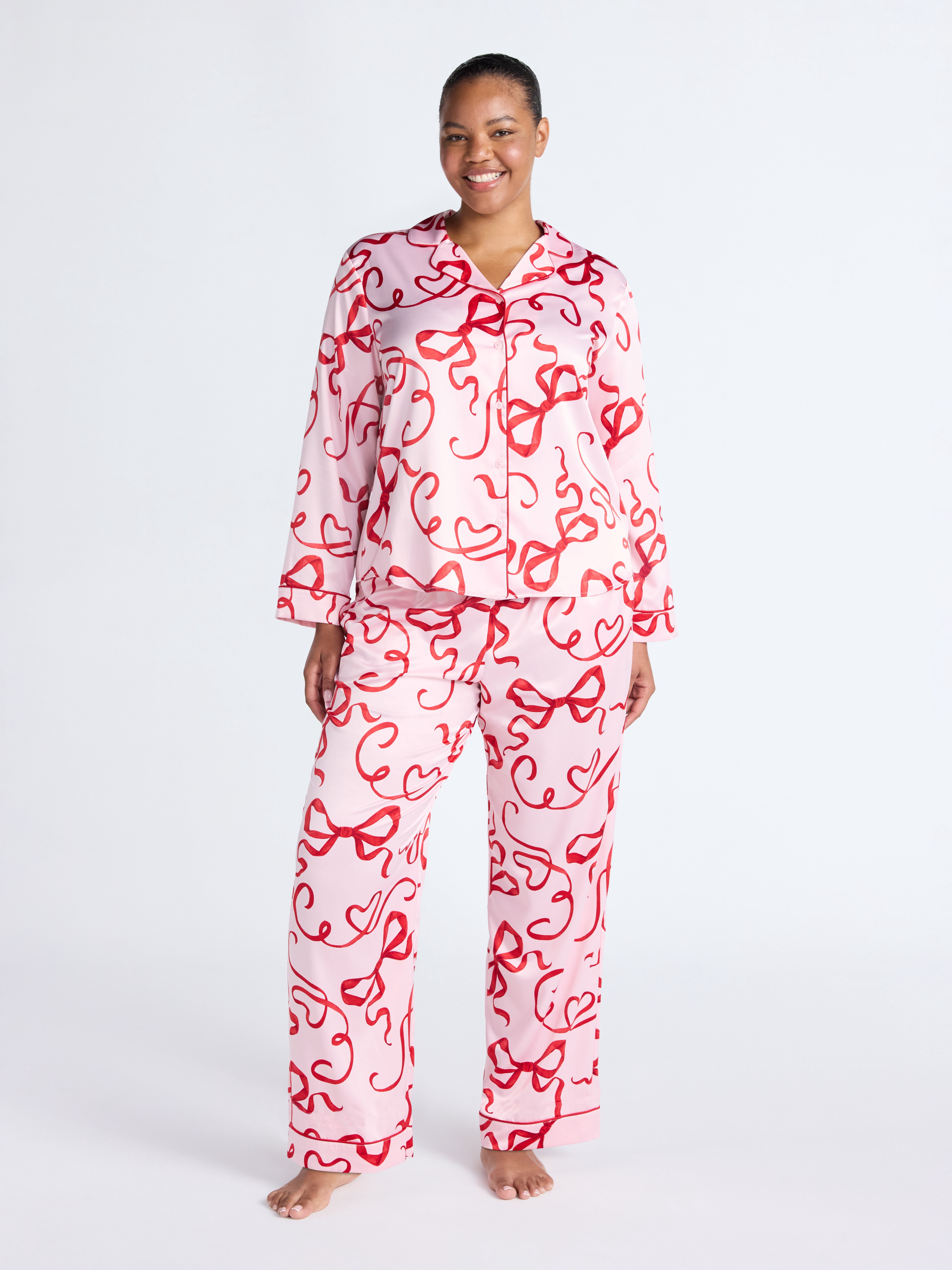 Joyspun Women’s Stretch Satin Notch Long Sleeve Top and Pants Pajama Set, 2-Piece, Sizes XS-3X