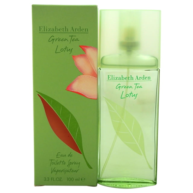 green tea lotus elizabeth arden 100ml dama Frasco rectangular translúcido verde claro de 100 ml con tapa mate, rotulado "Elizabeth Arden Green Tea Lotus" junto a su caja verde con ilustración de flor y hojas, vista frontal, perfume para mujer. Su tamaño compacto lo hace adecuado para llevar en bolso cuando se viaja.
