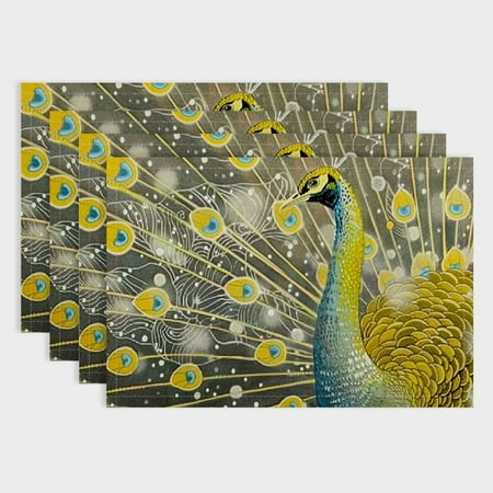 

Fenyluxe Peacock Feathers Western Style Linen Table Placemat Set - Ideal for Birthday Parties Christmas Restaurants and Buffets - Indoor/Outdoor Home Decoration - 4pcs 18x12in