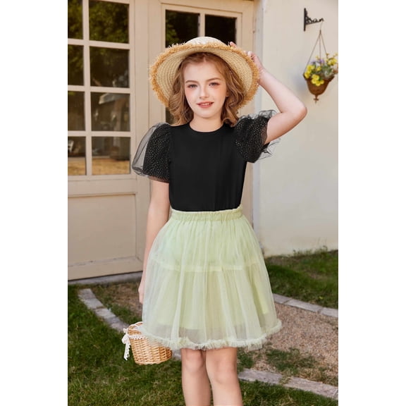 Arshiner Girls Shirts Mesh Puff Short Sleeves Blouse Crewneck Cute Print Summer Kids Tee Tops 130 Black