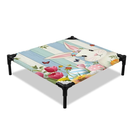 Easter Cartoon Bunny Elevated Dog Bed Spring Tulips Daisy Leaf Green Blue Wood Cooling Breathable Outdoor Raised Dog Cot Bed with Metal Frame Non-Slip Feet for Small Dog 20x20in