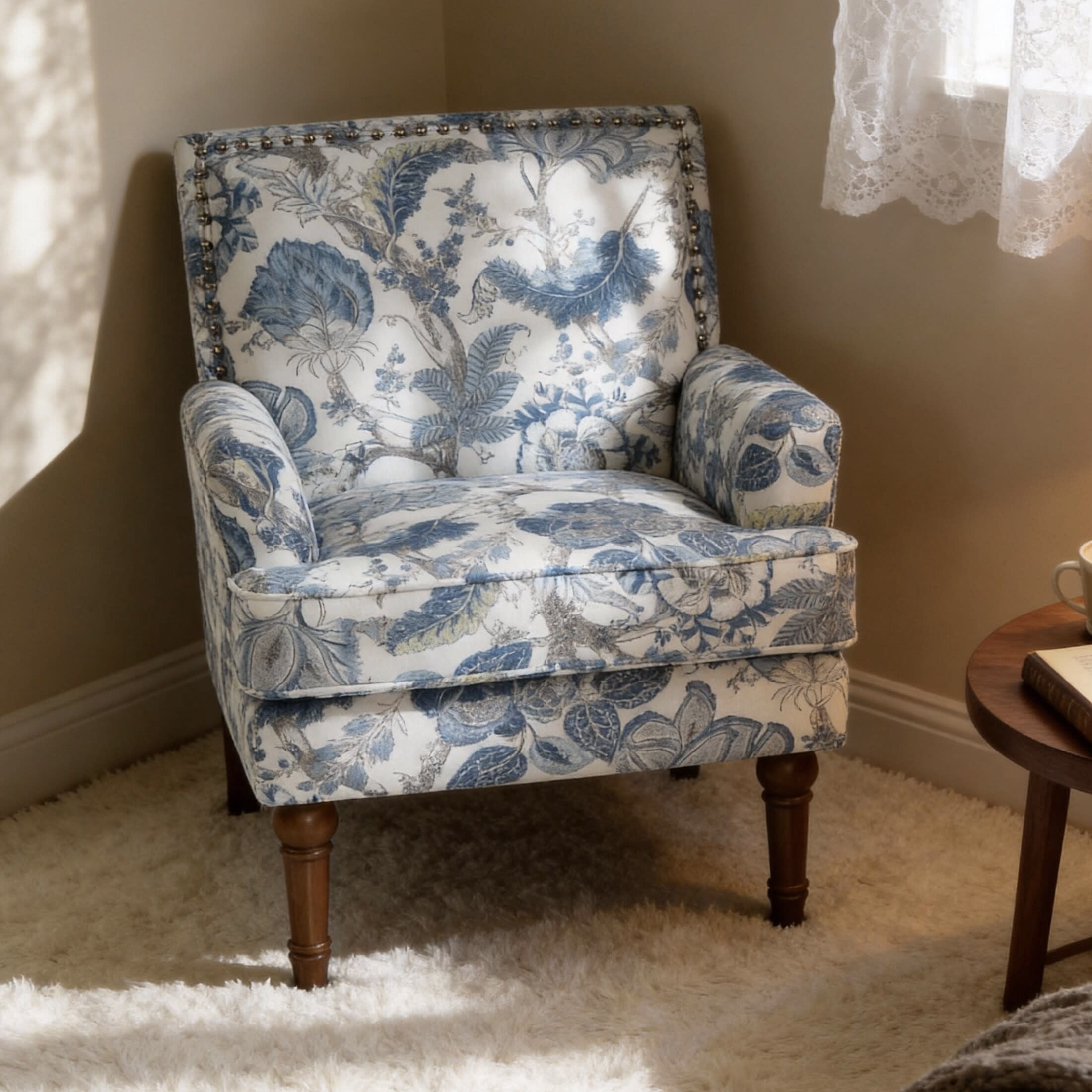 Noble House Floral Accent Chair with Nailhead Trim, Solid Wood Legs, Blue + White