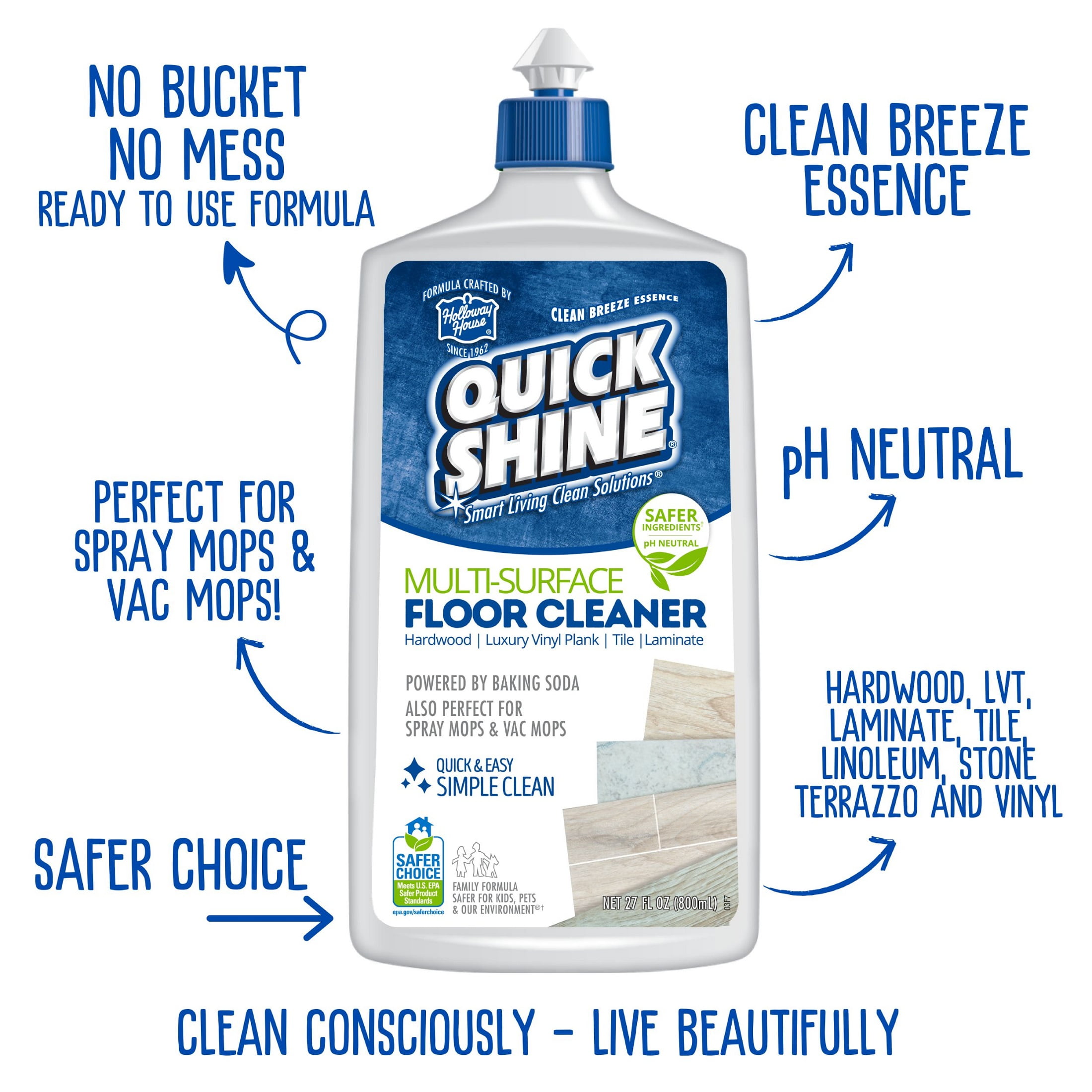(2 pack) Quick Shine Multi-Surface Floor Cleaner, Ready-to-Use, PFAS-Free & Safer Choice, Fresh Scent 27 fl oz