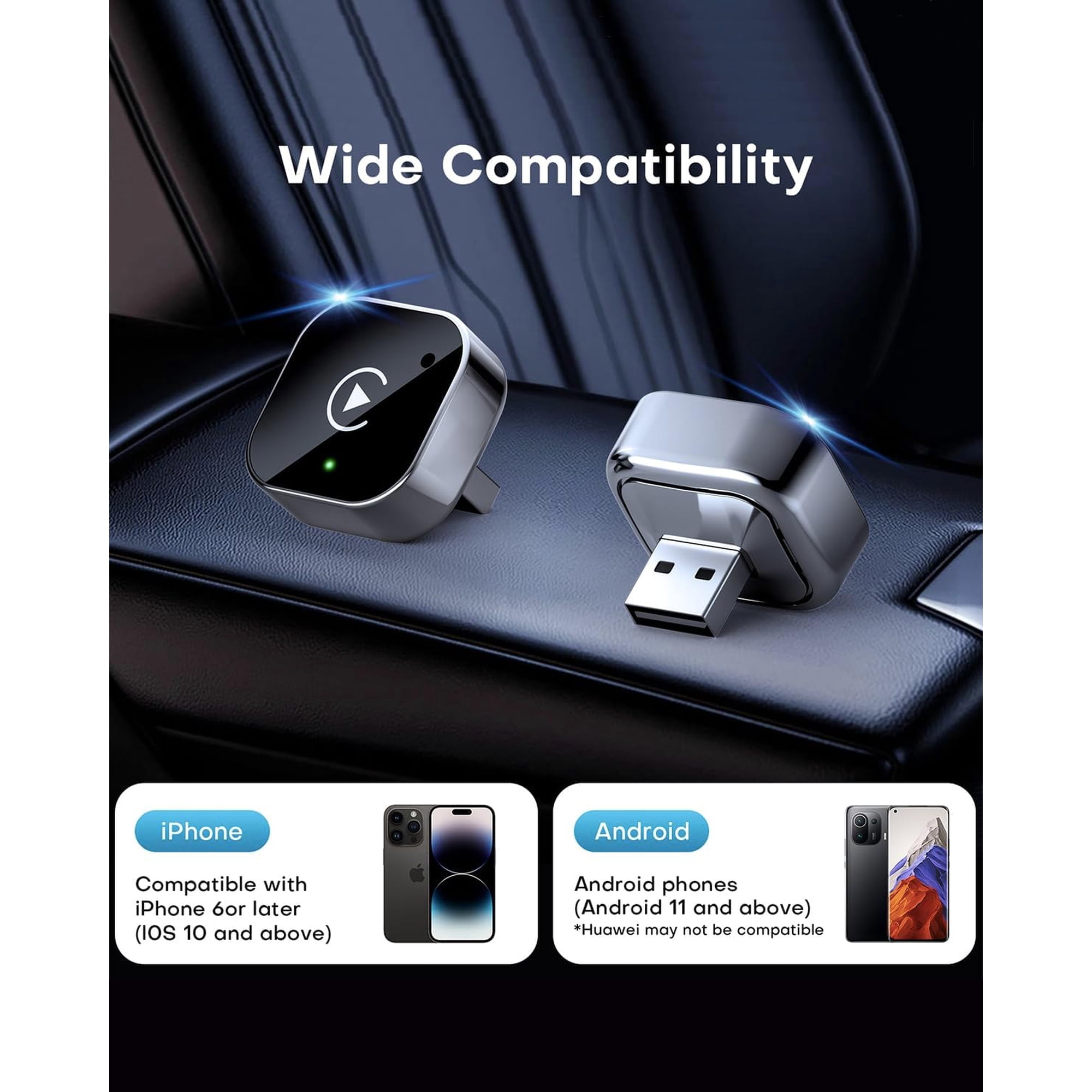 Adaptateur Sans Fil 2 En 1 Android Auto & CarPlay USB-C/A - Plug And Play - Compatible 98% Voitures - Connexion Bluetooth/WiFi