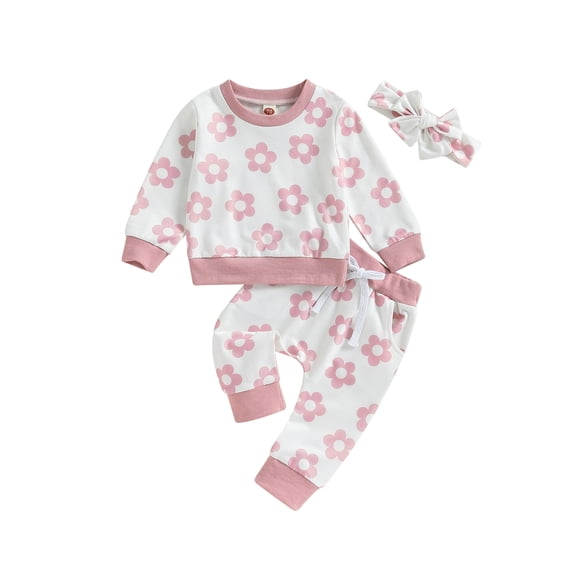 Bagilaanoe 2PCS Toddler Baby Girl Long Pants Set Flower Print Long Sleeve Sweatshirt Pullover Tops Sweatpants Headband 6M 12M 18M 24M 3T Kids Casual Sweatsuits