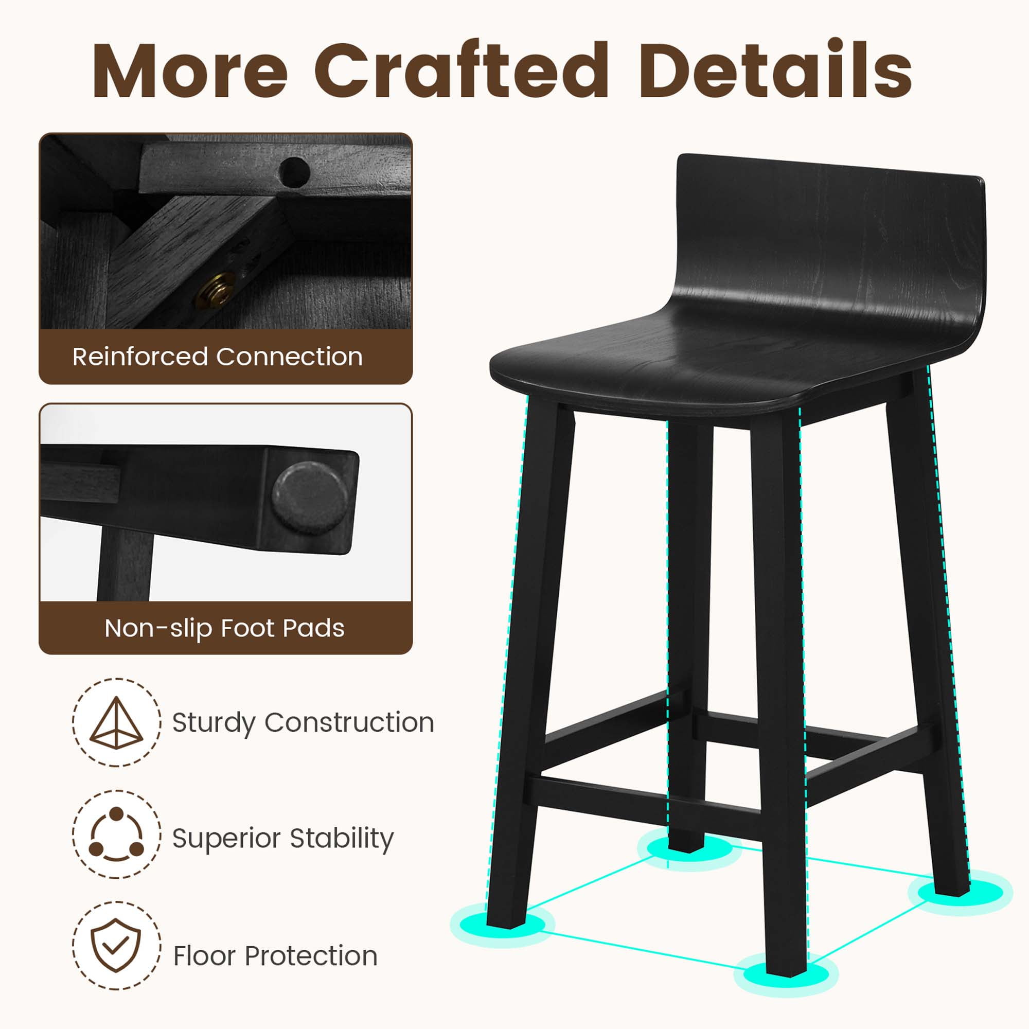 Costway 24.5" Wood Bar Stools Set of 2 with Solid Back & Seat Mid Century Bar Chairs Black