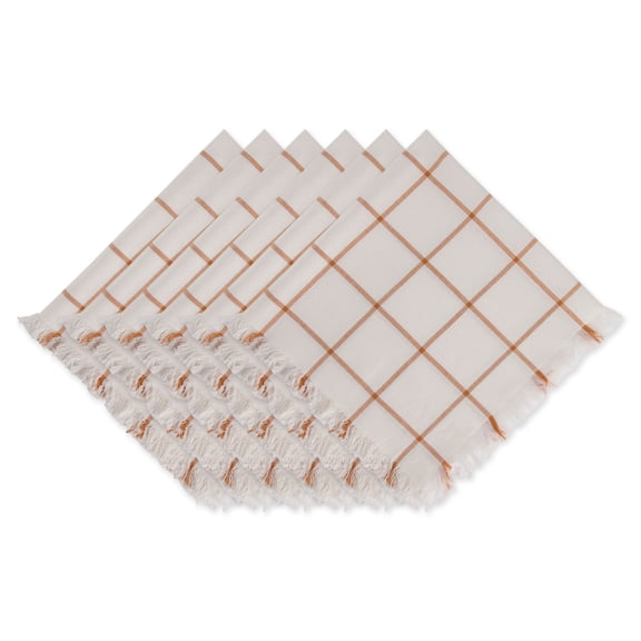 Contemporary Home Living Set of 6 20" x 20" Orange and White Honey Gold Check Fringed Napkins