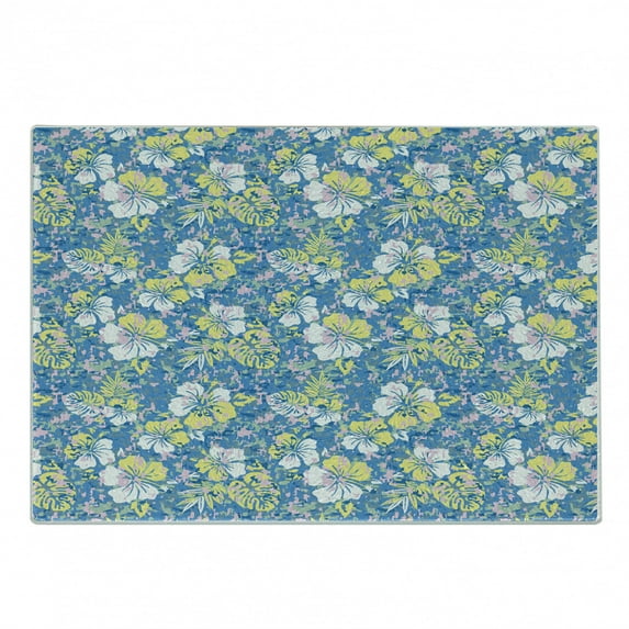 Camouflage Cutting Board, Hawaiian Pattern Exotic Tropical Hibiscus Flowers Foliage Abstract Nature, Decorative Tempered Glass Cutting and Serving Board, Small Size, Blue Yellow Pink, by Ambesonne