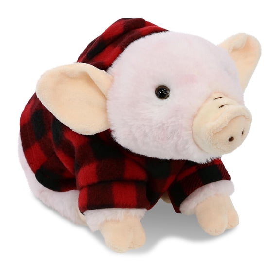 DolliBu Super Soft Squat Piggy Stuffed Animal with Plaid Red Hoodie Sweater - Cute Piggy Plush Lumberjack Stuffed Toy with Plaid Jacket Dress Up for Christmas, Holiday, Winter - 7 Inches