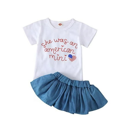 

4th of July Toddler Baby Girl Outfits American Flag Heart Short Sleeve T-Shirt Jean Tutu Skirts Set Summer Clothes