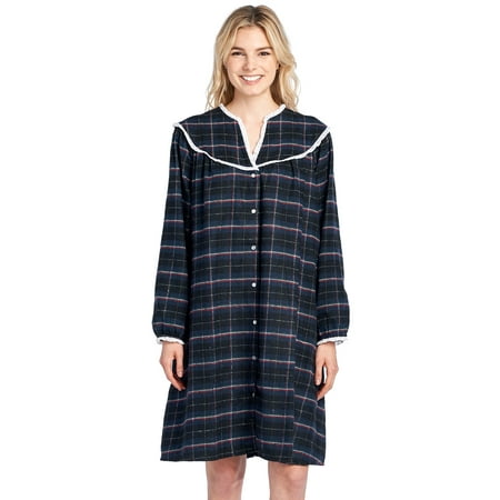 Ashford & Brooks Women's Flannel Plaid Long Sleeve Snap Front Lounge Duster - Navy/Black - Small