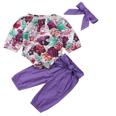 

EHTMSAK Newborn Infant Baby Toddler Girl 3PCS Floral Bodysuit and Pants Set Clothing Set Outfits Long Sleeve with Headband Purple 0-2Y L