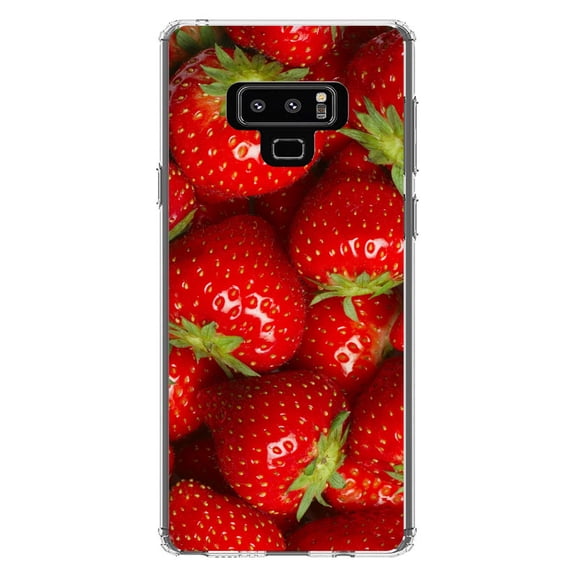 DistinctInk Clear Shockproof Hybrid Case for Samsung Galaxy Note 9 - TPU Bumper, Acrylic Back, Tempered Glass Screen Protector - Bright Red Strawberries