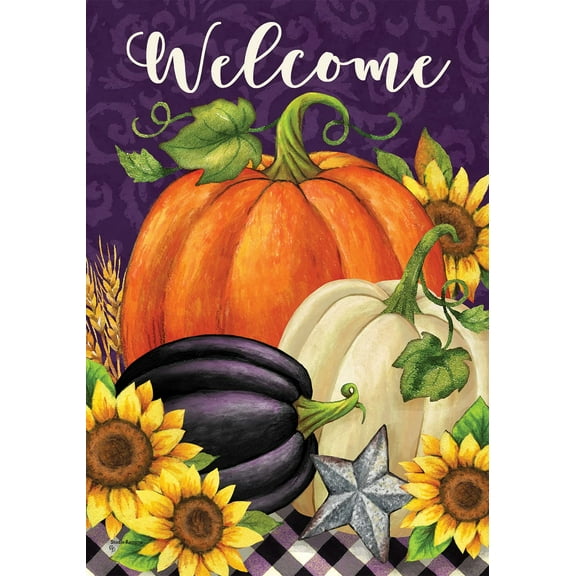 PUMPKINS ON PURPLE WELCOME Garden Size, 12 x 18 Inch, Decorative Double Sided, Licensed and Copyrighted Flag , Printed in the USA