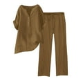 thumbnail image 2 of Women's Linen Cotton Set, Short Sleeve V Neck Top with Elastic Waist Pants, Casual Two Piece Outfit, Relaxed Matching Set, Loungewear, Vacation and Daily Wear-Coffee, 2 of 5