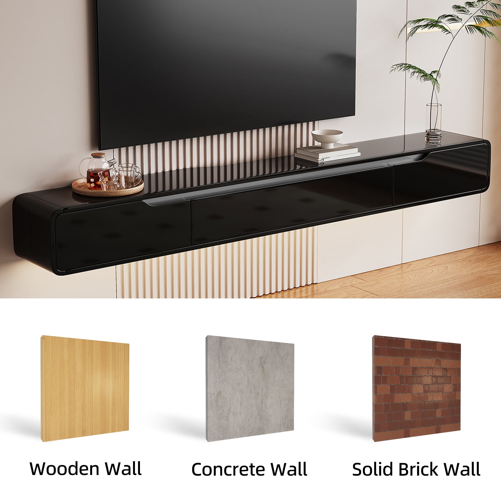 FloatiCasa 86-Inch High Gloss Floating TV Stand, Wall-Mounted Entertainment Center, for TVs up to 90"