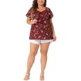thumbnail image 2 of Agnes Orinda Women's Plus Size Floral Print Tops Hollow Out Tie Neck Short Sleeve Casual Summer Blouses 3X Burgundy, 2 of 6