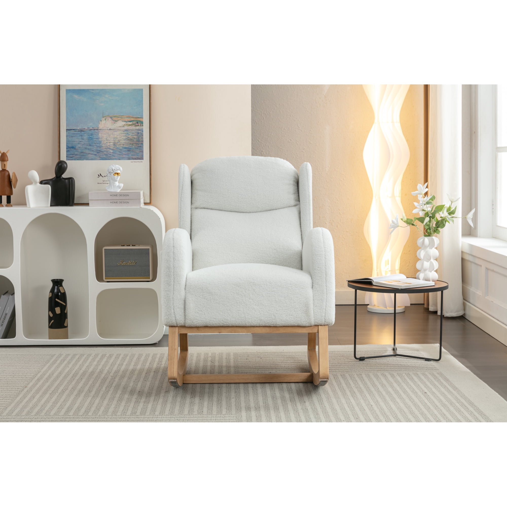 Rocking Chair Nursery,Teddy Fabric Uplostered Rocking Glider Chair with Side Pocket,Modern High Backrest Single Sofa for Living Room, Hotel, Bedroom, Baby Room,Ivory
