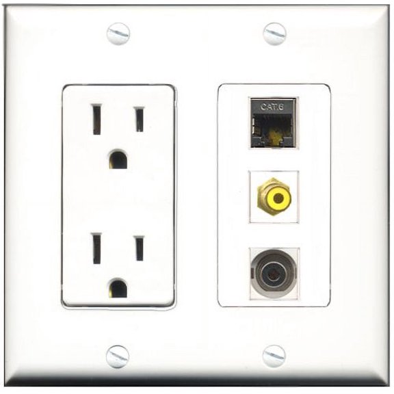 RiteAV - 15 Amp Power Outlet 1 Port RCA Yellow 1 Port Shielded Cat6 Ethernet Ethernet 1 Port 3.5mm Decorative Wall Plate