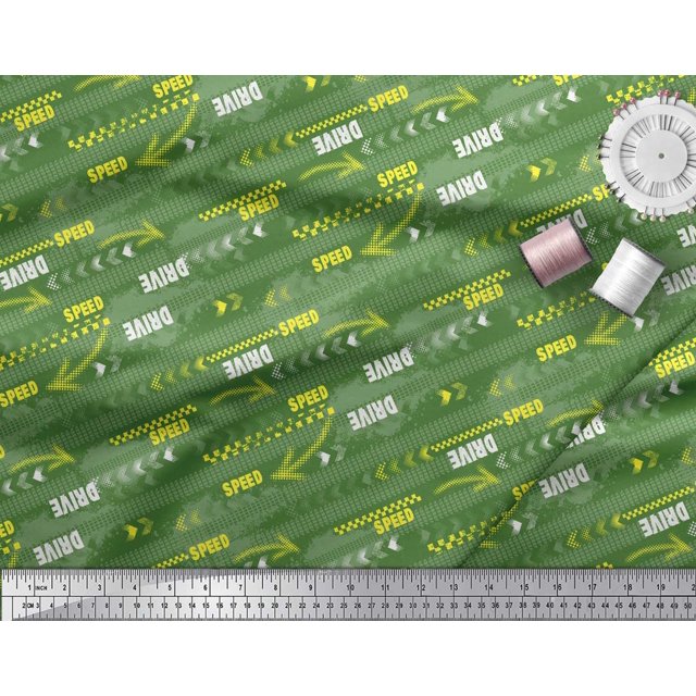 Soimoi Green Rayon Fabric Brush Stroke & Speed Drive Text Print Fabric by the Yard 42 Inch Wide