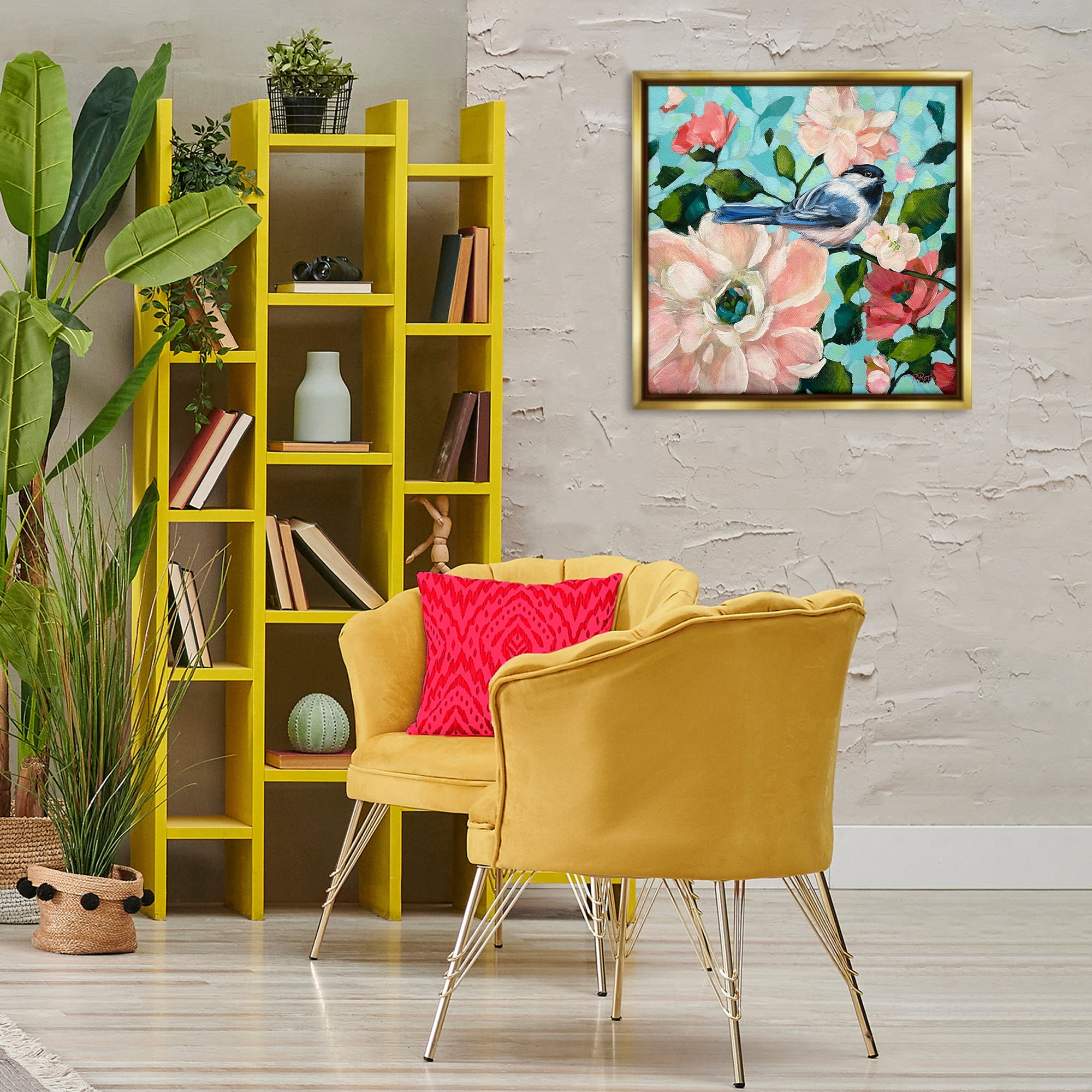 Stupell Industries Blue Bird & Bold Flowers Plants & Flowers Painting Gold Floater Framed Canvas Art Print Wall Art, 25 x 25
