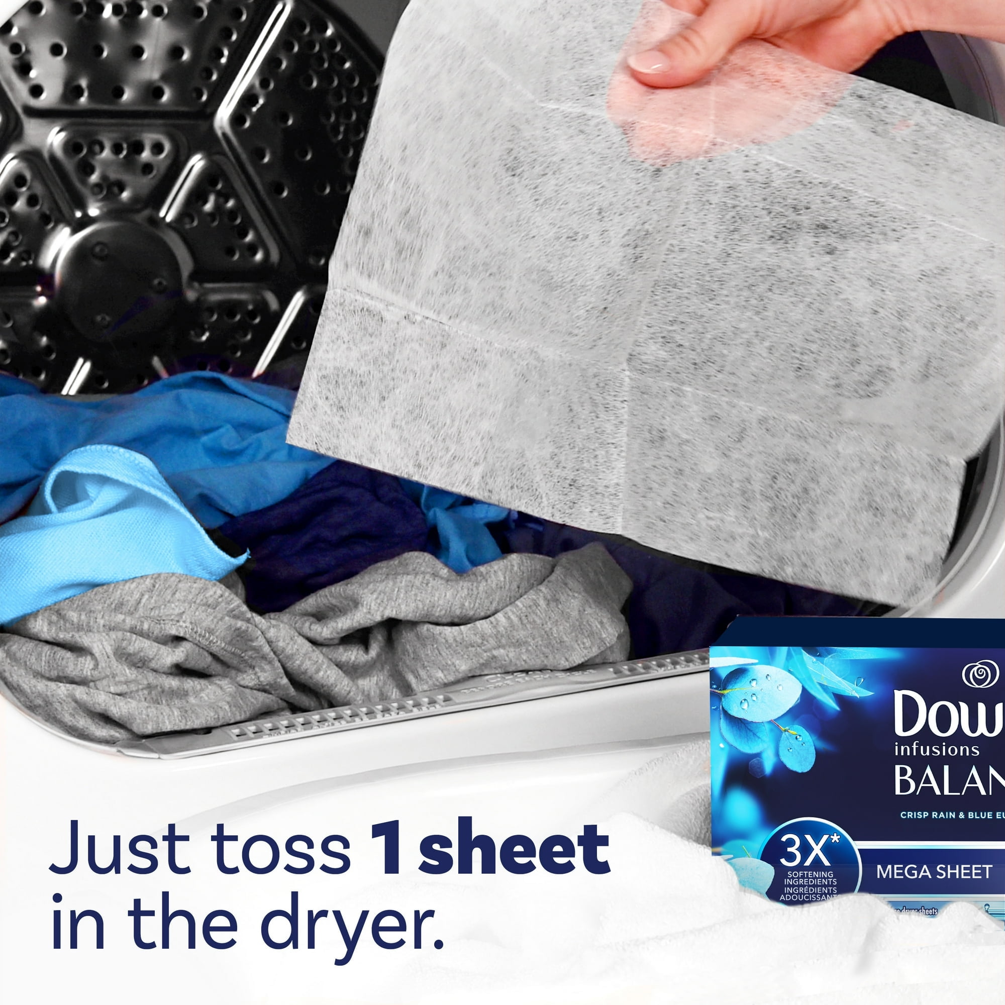 Downy Infusions BALANCE Mega Fabric Softener Dryer Sheets, Crisp Rain & Blue Eucalyptus, 80 Count with Microfiber Solid Color Towel by BundleEase