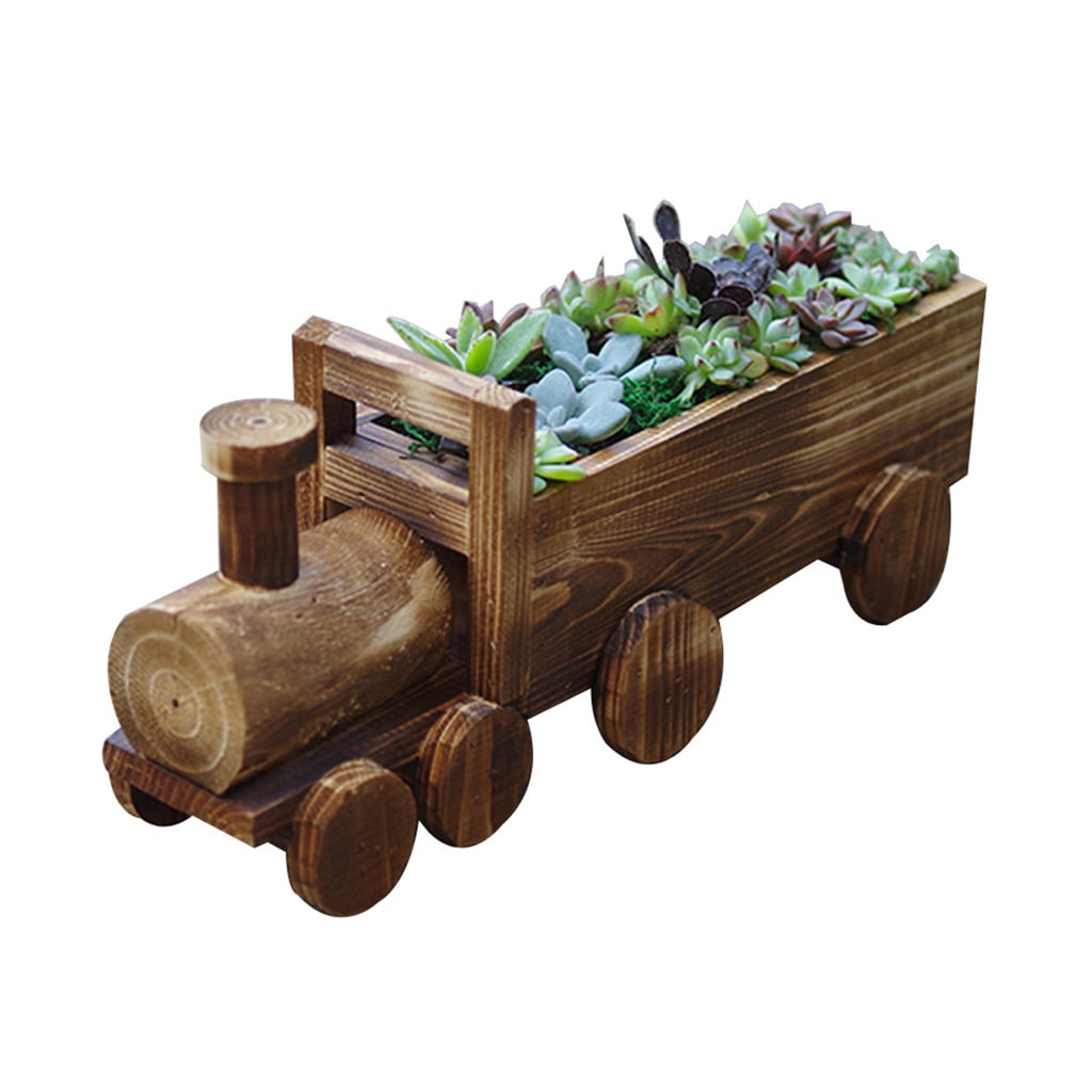 Retro Wooden Train Flower Pot Succulent Plant Potted Bonsai Planter Home Garden