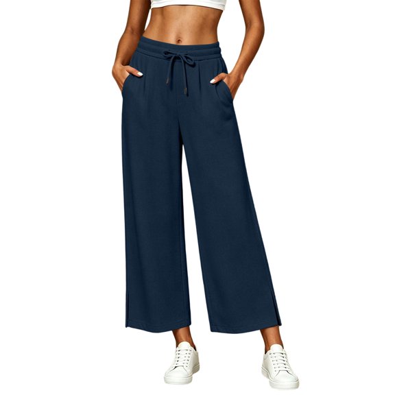 TEAJOPSUU Womens Wide Leg Cropped Sweatpants Drawstring Elastic Waist Side Split Hem Palazzo Trousers with Pockets Casual Lounge Wear Navy