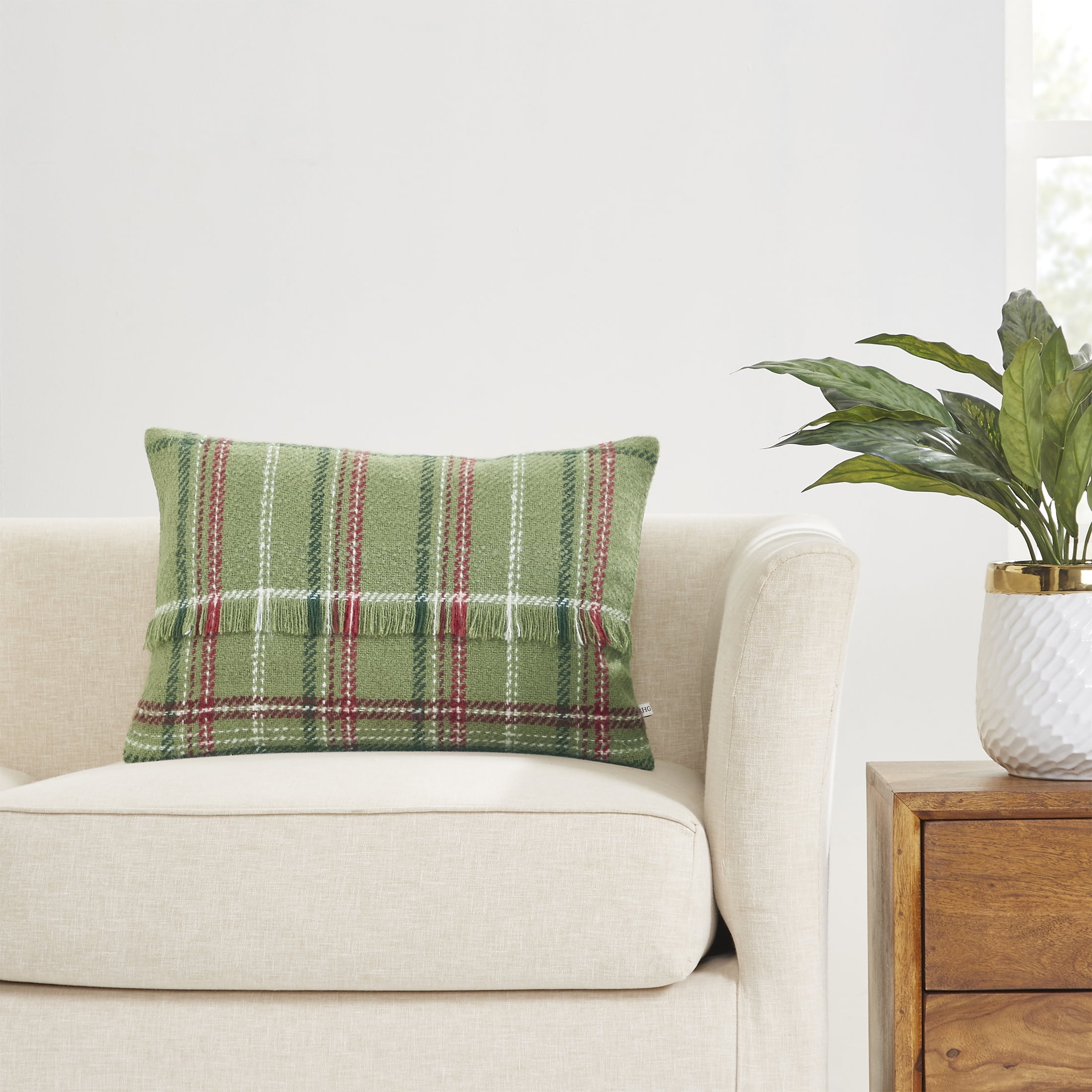 Better Homes & Gardens 14" x 20" Green Mohair Plaid Holiday Decorative Pillow