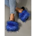 thumbnail image 4 of Minimalist Fluffy Slides,Women's Fashion Gradient Color Imitation Fox Fur Home Slippers Toe-baring Flat Blue Slippers, 4 of 5