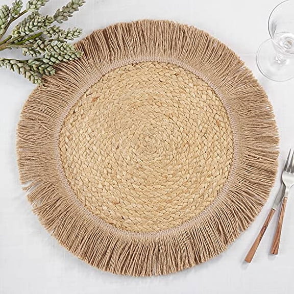 Fennco Styles Rustic Jute Fringe Woven Placemats 13" Round, Set of 4 - Natural Braided Table Mats for Home, Dining Room, Banquets, Family Gathering and Special Occasion