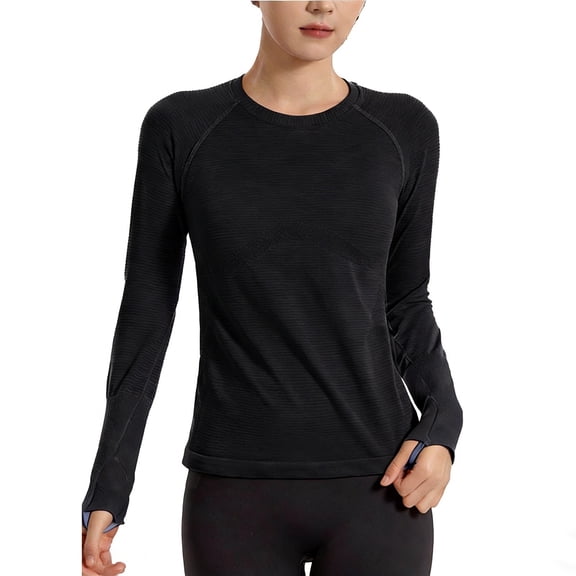 ClodeEU Women's Summer Fitted Yoga Top ,Round Neck Long Sleeve T-Shirt ,High-Elasticity Running Sportswear Black,Womens Plus M