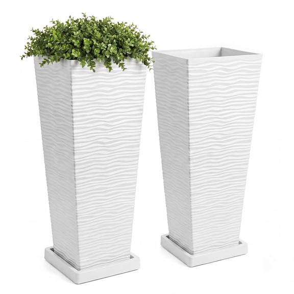 24 Inch Tall Large Rectangular Planter for Indoor Outdoor Plants, Modern Planter Box with Drainage Tray and Saucer for Patio, Porch and Front Door Decor, Black, 2-Pack