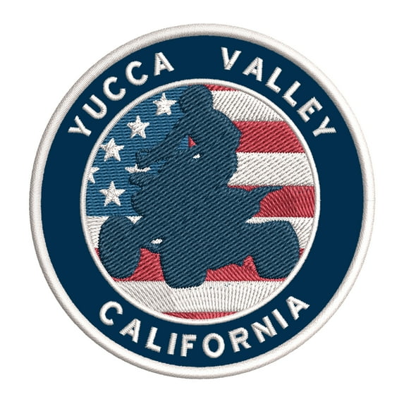 Yucca Valley, California ATV / OHV American Flag 3.5 Inch Iron Or Sew On Embroidered Fabric Badge Patch Extreme Sports Iconic Series