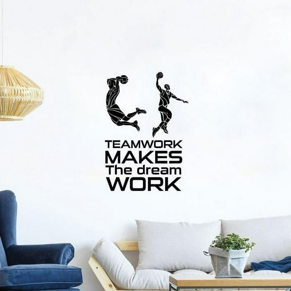 Teamwork Makes The Dream Work Quotes Basketball Player Silhouette Vinyl Wall Sticker Art Decal Sports Boys Kids Room Design Bedroom Basketball Sports House Home Wall Sticker Decor Size (20x18 inch)