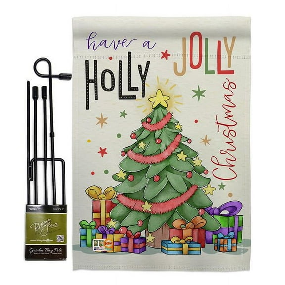 Breeze Decor BD-XM-GS-114150-IP-BO-D-US17-BD 13 x 18.5 in. A Holly Jolly Christmas Winter Impressions Decorative Vertical Double Sided Garden Flag Set with Banner Pole