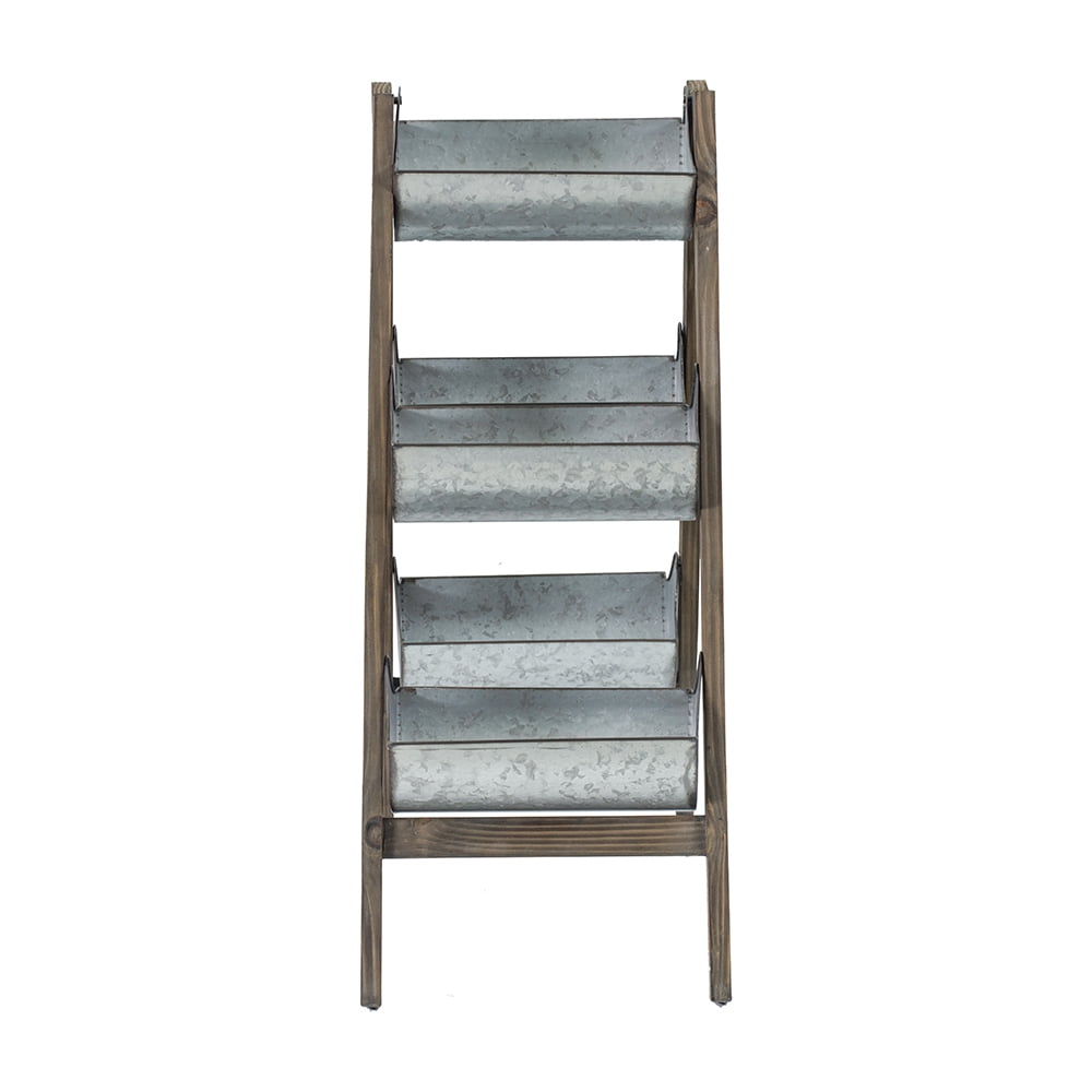 Farmhouse Foldable Reed Galvanized and Wood Ladder Planter 14.2" x 7.5" x 70.9"