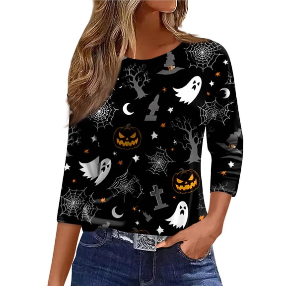 Halloween Shirts for Women Plus Size Horror 3/4 Sleeve Pullover Funny Halloween Ghost Pumpkin Printed T Shirts Spooky Crew Neck Tops Three Quarter Length Blouse,3XL