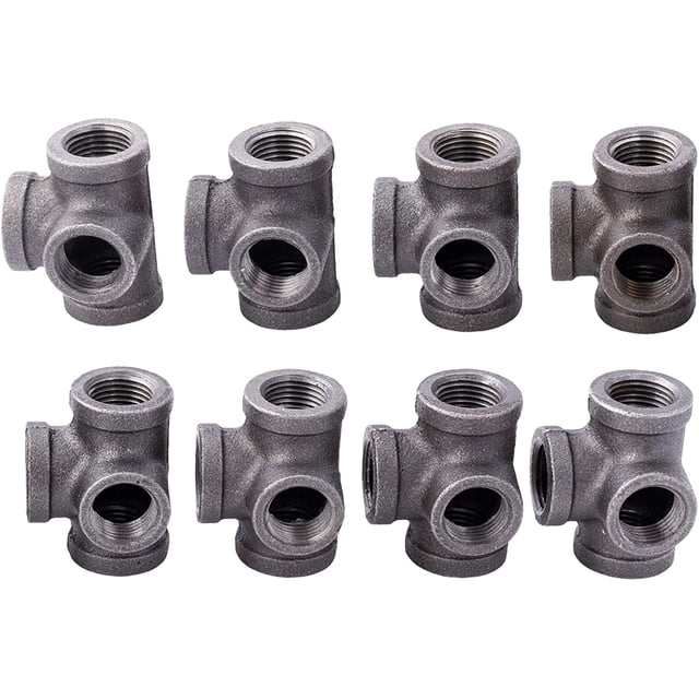 1/2 Inch Side Outlet Tee (4-Way) Industrial Cast Iron Pipe Fitting 8 Pack by Pipe Decor, Pipe Components For Building Tables, Chairs, Shelving, and Custom Furniture, Fits Half Inch Pipes, Eight Pack