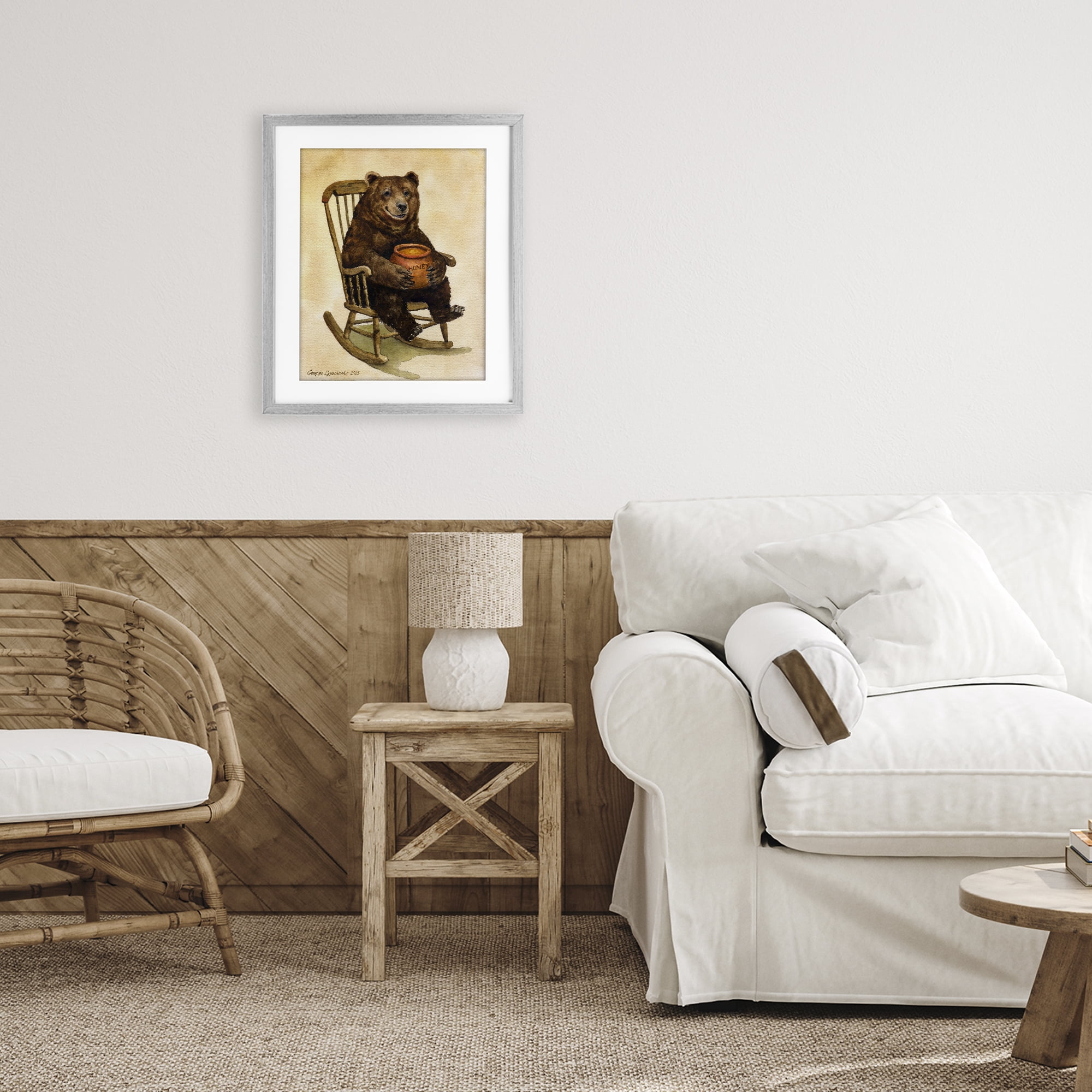 Stupell Industries Happy Bear & Pot of Honey Gray Framed Print Under Glass, design by George Dyachenko