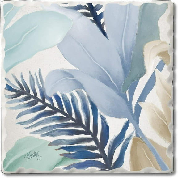 Absorbent Stone Tumbled Tile Coasters, Blue Palms, Set of 4