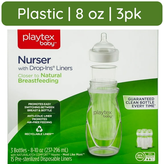Playtex Baby Nurser Clear Anti-Colic Baby Bottle 3 Pack Each, 8 oz with 15 Drop-ins Liners