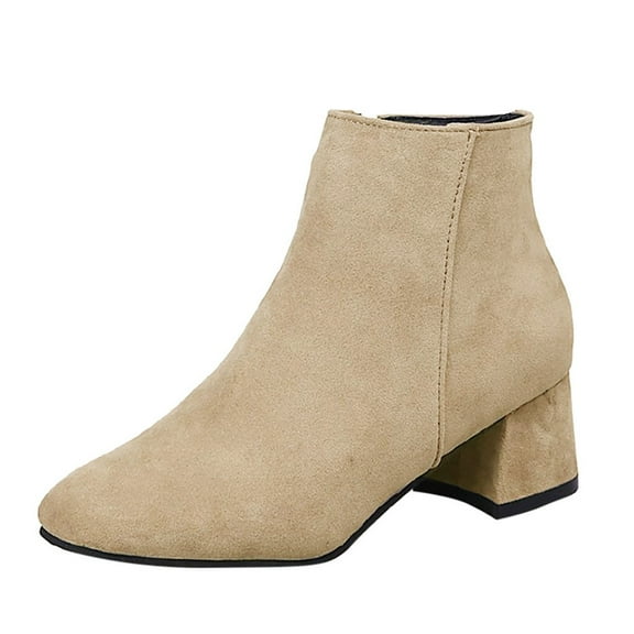 iOPQO Women's Ankle Boots Fashion Color Boots Block Suede Short Solid Heel Side Women's Zipper Boots women's boots Suede Zip Block Heel Booties Beige 37