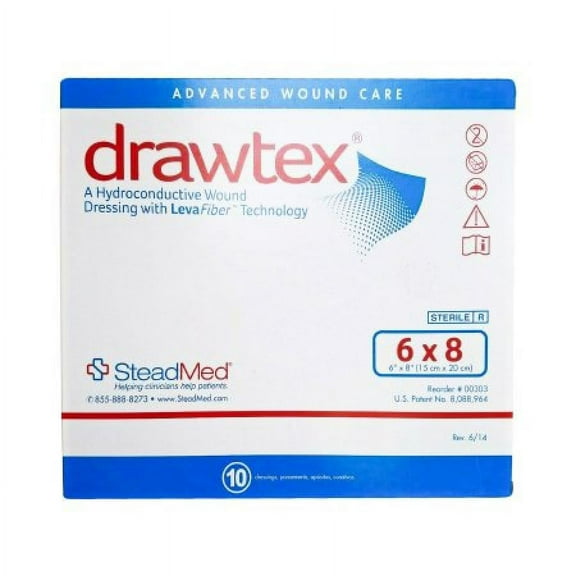 Drawtex Hydroconductive Dressings with Levafiber Technology, 6 Inches x 8 Inches, White, 10 Count