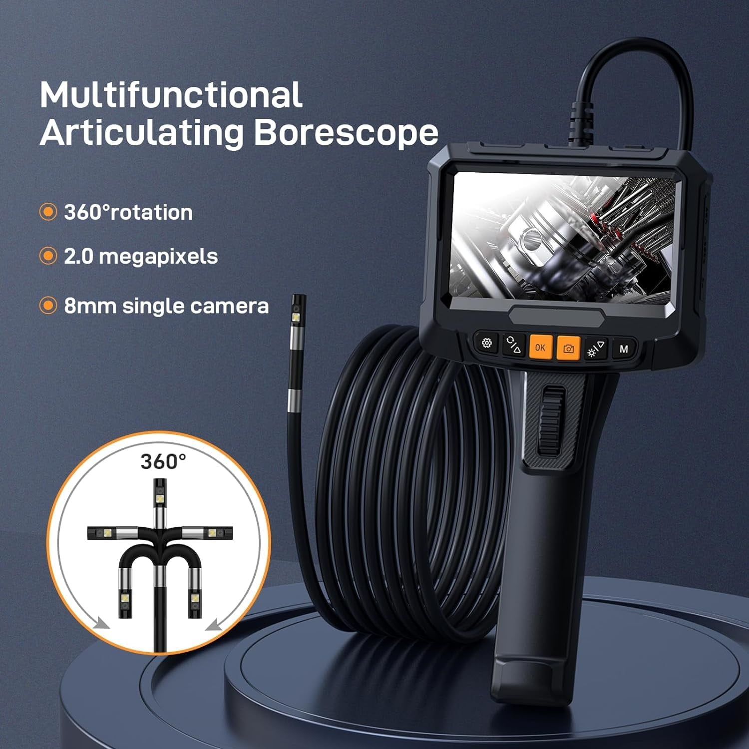 Yesurprise Single Lens Industrial Endoscope Camera 1080P HD Turnable Lens 8.5mm Wall Tube IP67 Waterproof LED Light 5"IPS Screen 6.6 ft Flexible Swan Neck 32GB Card Serpentine Camera