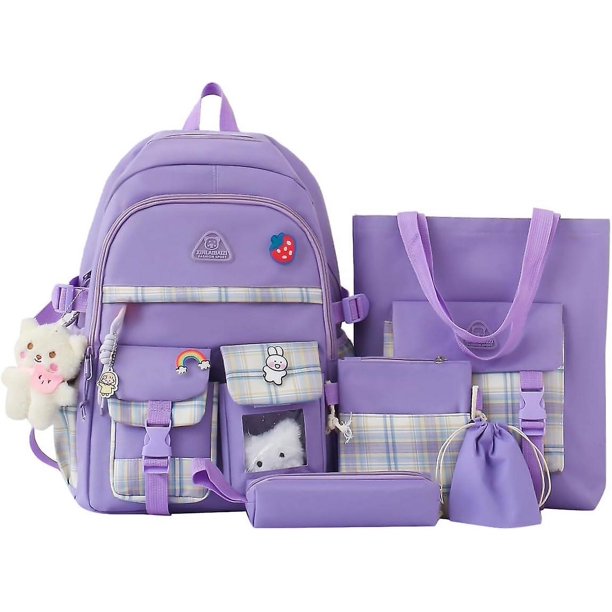 5 Piezas Mochila Escolar A Cuadros De Lona Con Colgantes Accesorios Para Niñas Adolescentes Mochila Estética Bolsas De Hombro Mochila Para El Regreso A La Escuela-púrpura