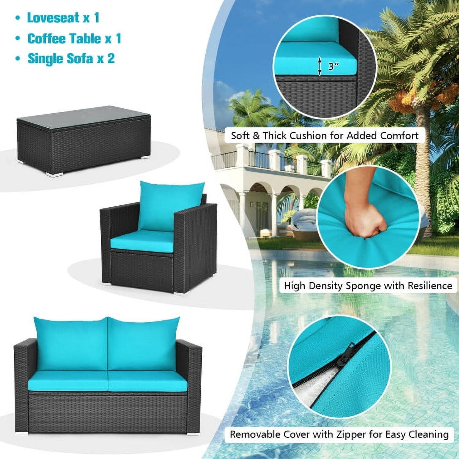 Aimee Lii 4 Pieces Patio Rattan Conversation Set, Small Patio Set with Padded Cushion and Tempered Glass Coffee Table, Turquoise Aimee Lii 4 Pieces Patio Rattan Conversation Set, Small Patio Set with Padded Cushion and Tempered Glass Coffee Table, Turquoise