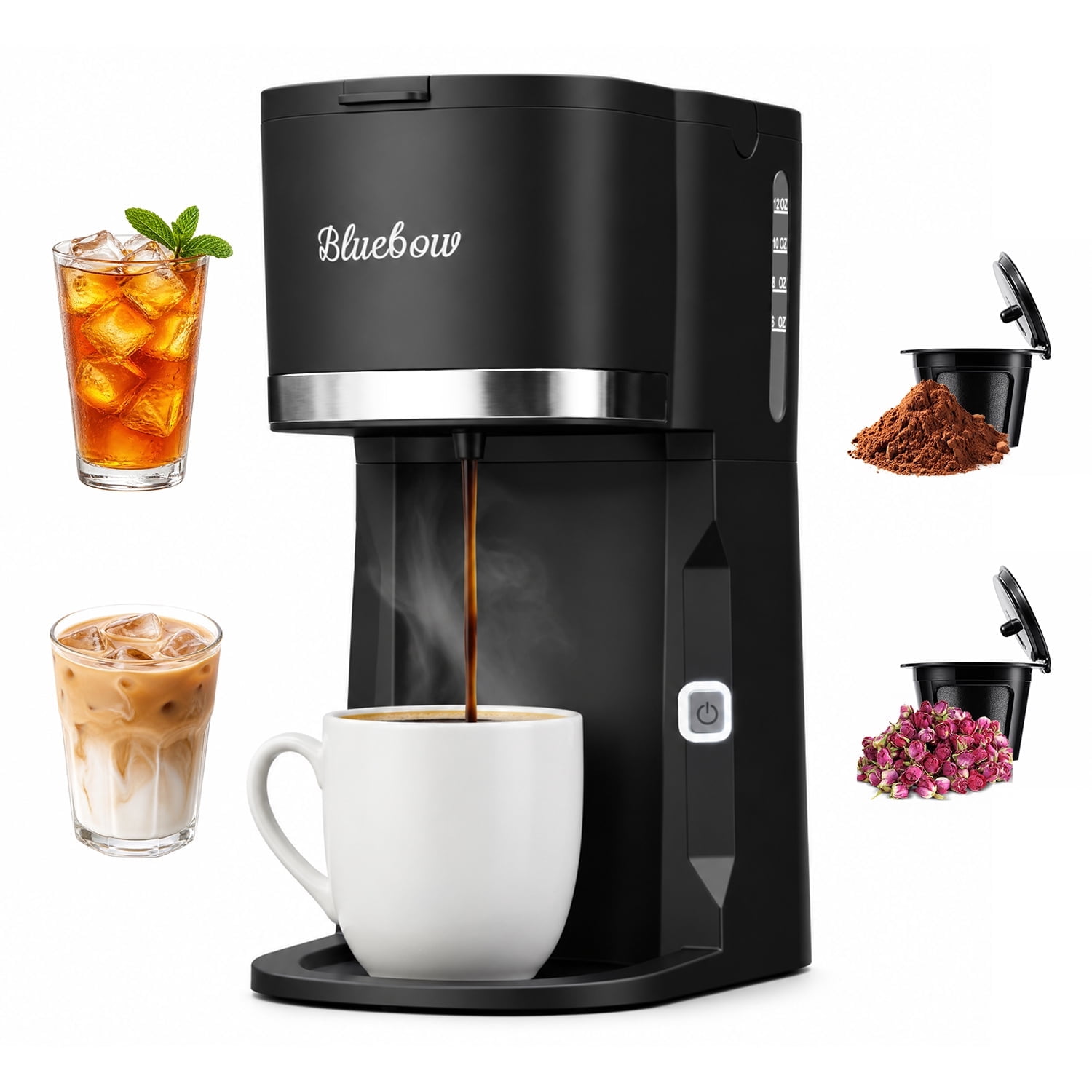 Bluebow Single Serve Coffee Maker, 6-12oz Brew Size for K Cup Pod & Ground Coffee& Tea, Fast Brew One Cup Small Coffee Machine for Home and Travel, Black